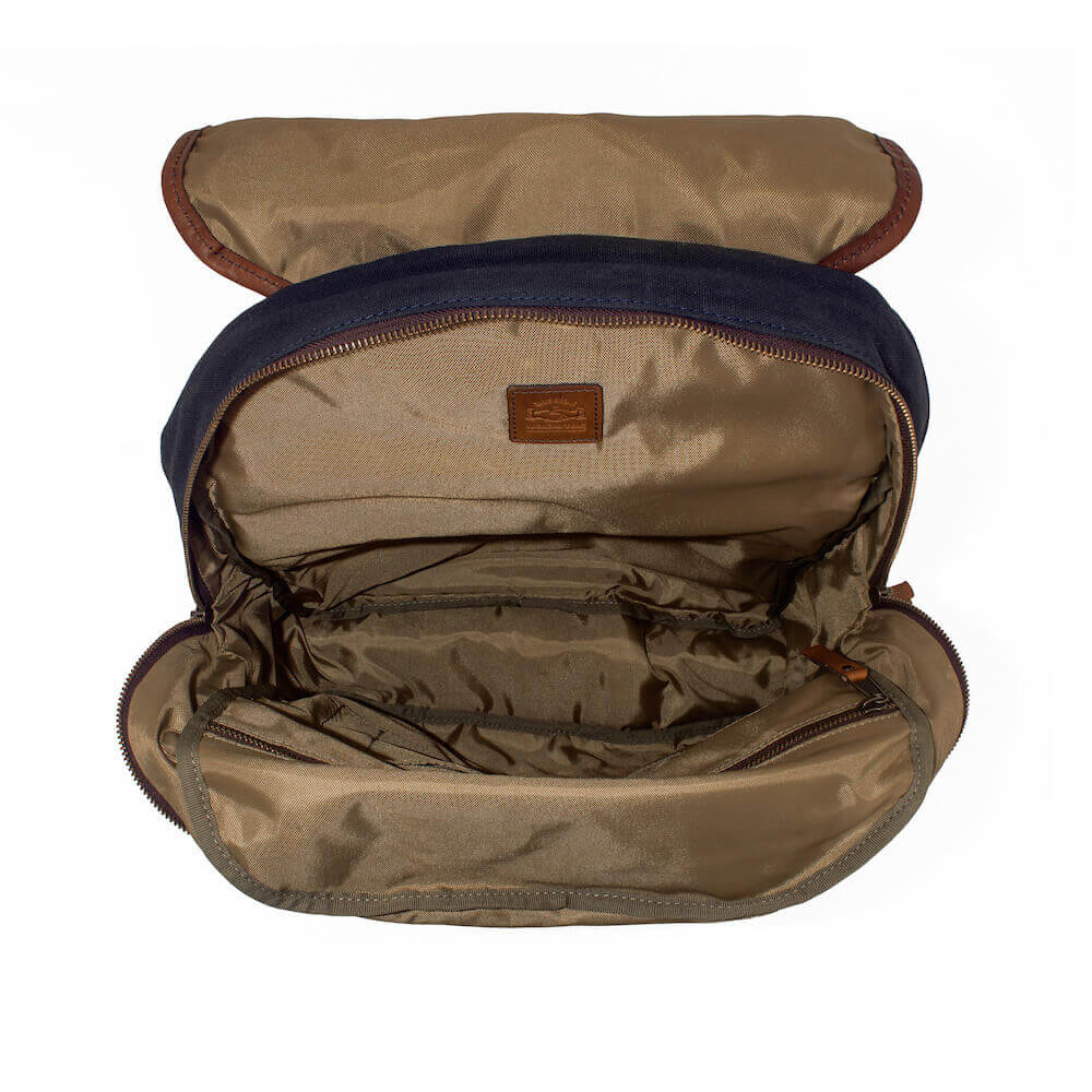 Top view of the The Waxed Canvas Backpack in navy by Mission Mercantile Leather Goods.