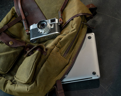 The Waxed Canvas Backpack in smoke-forest by Mission Mercantile Leather Goods.