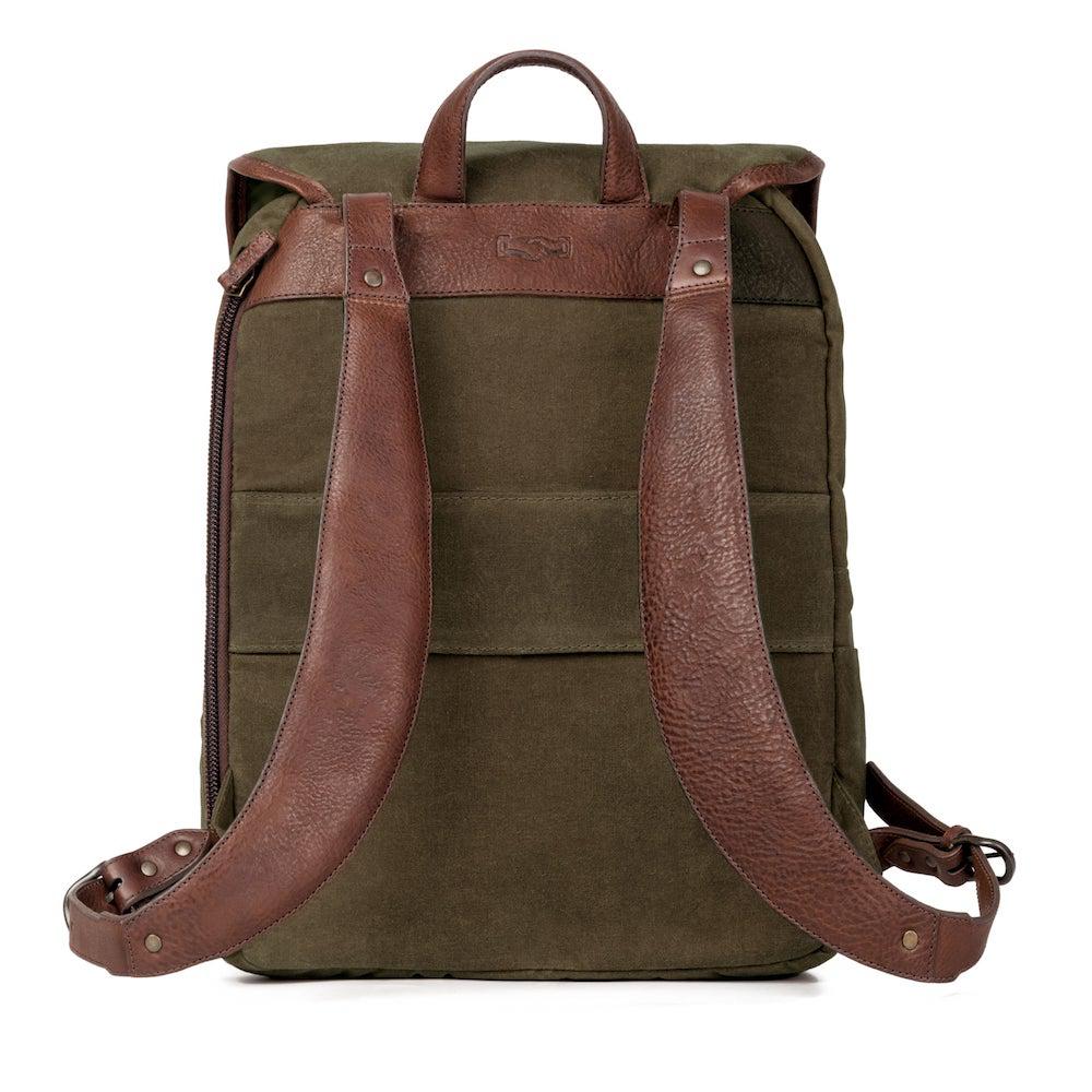Back view of The Waxed Canvas Backpack in smoke-forest by Mission Mercantile Leather Goods.
