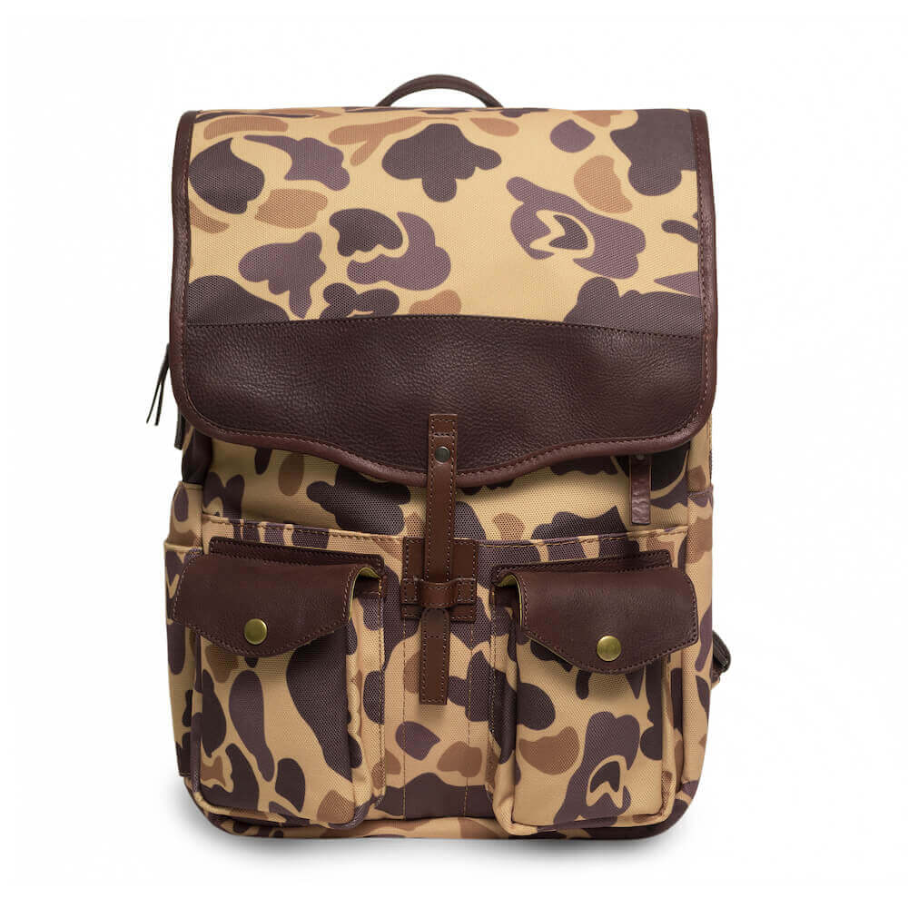 The Waxed Canvas Backpack in Smoke-Vintage-Camo by Mission Mercantile Leather Goods.