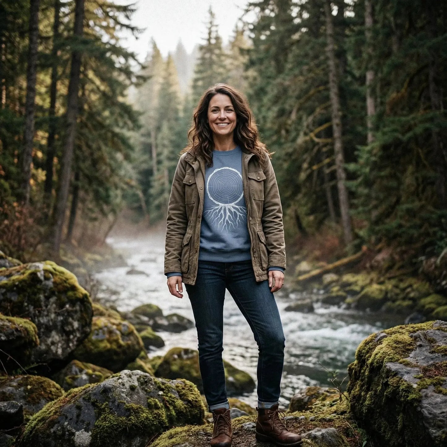 Timber and Roots Sweatshirt featuring a hand-drawn tree round cut with roots, worn by a model for a cozy, nature-inspired look.