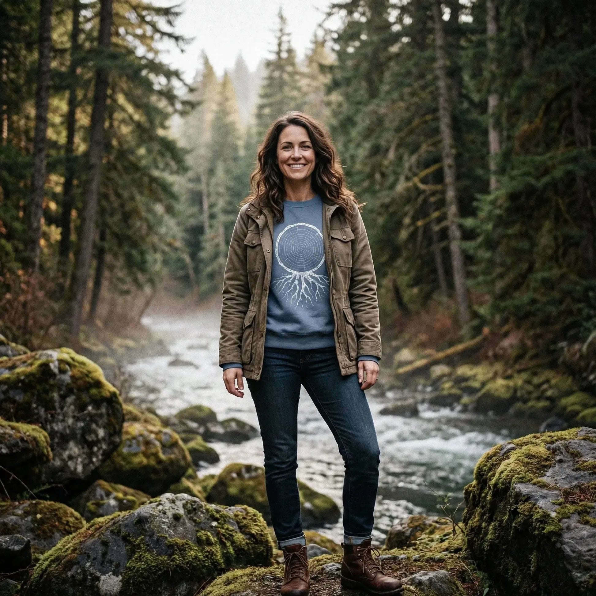 Timber and Roots Sweatshirt featuring a hand-drawn tree round cut with roots, worn by a model for a cozy, nature-inspired look.