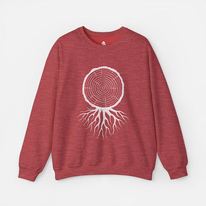 Timber and Roots Sweatshirt displayed on a white background in red heather, showcasing the detailed tree ring and roots illustration.