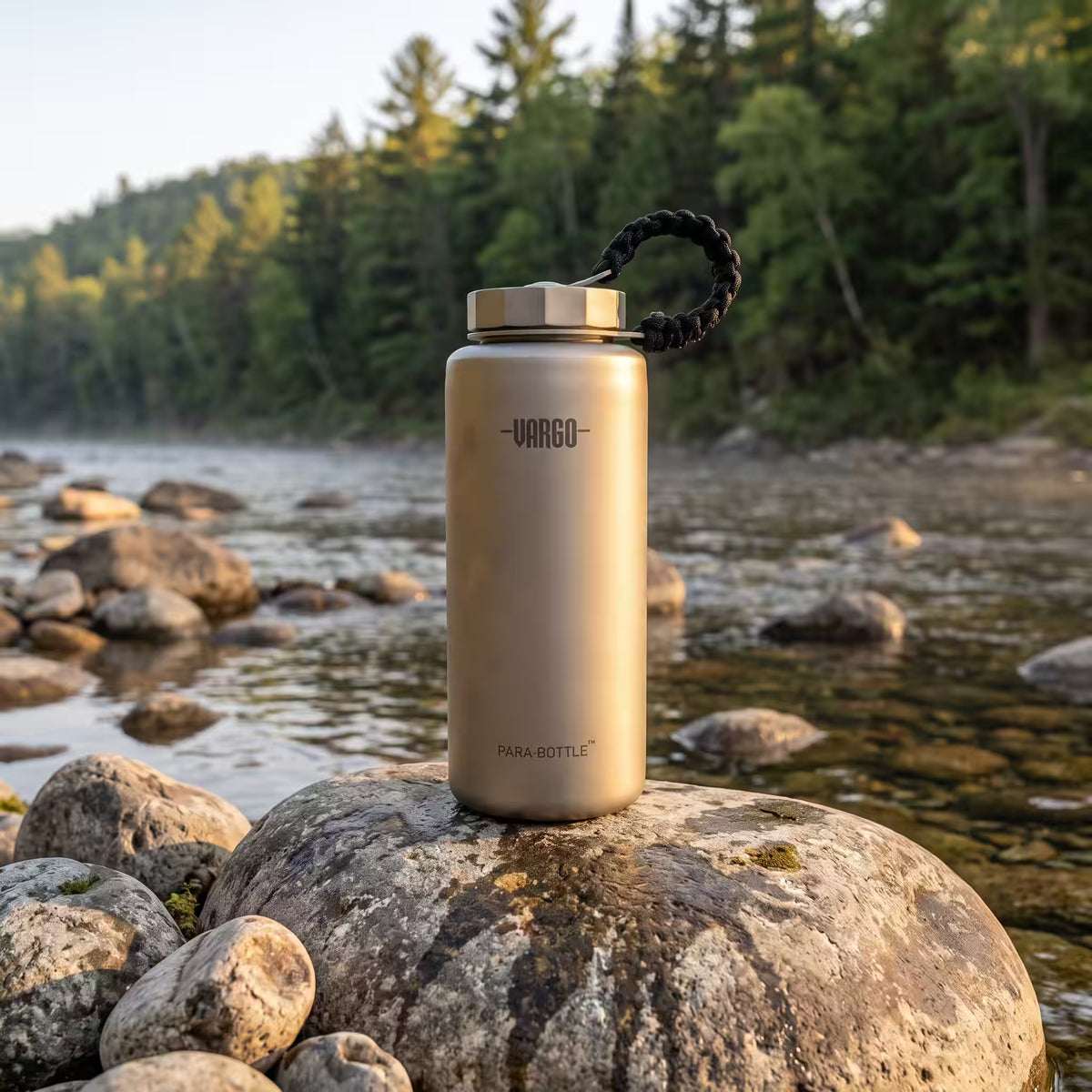 A titanium Vargo 365 Bottle with a black braided loop handle, placed on a large river rock in a rocky forest stream.
