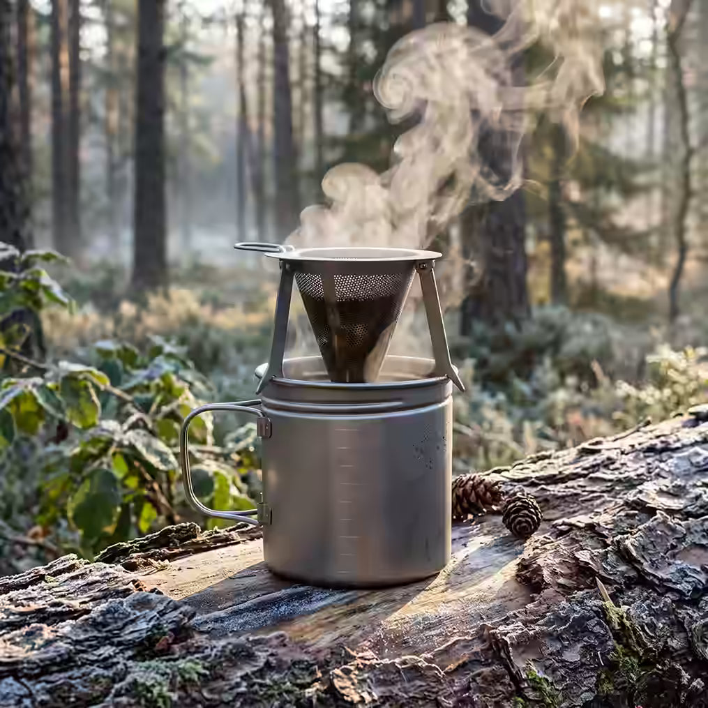 Titanium Travel Coffee Filter Solo Pour Over Maker Coffee Filter Baskets on a BOT Mug by VARGO in the woods sold by Kempain Family Outfitters.