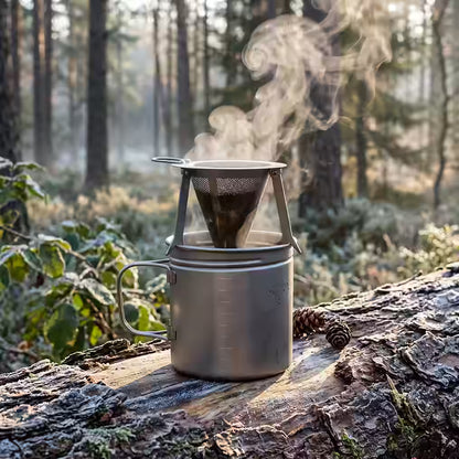 Titanium Travel Coffee Filter Solo Pour Over Maker Coffee Filter Baskets on a BOT Mug by VARGO in the woods sold by Kempain Family Outfitters.