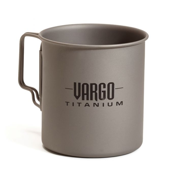 Gray titanium mug with 'Vargo Titanium' logo on a white background