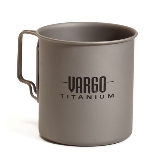 Gray titanium mug with 'Vargo Titanium' logo on a white background