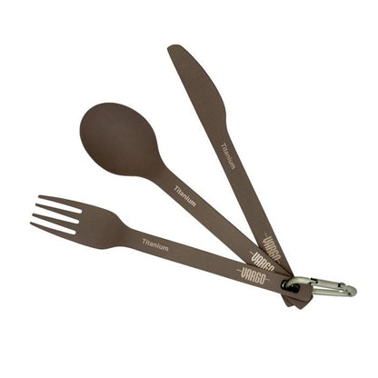 Set of Vargo titanium camping cutlery including knife, fork, and spoon on a white background.