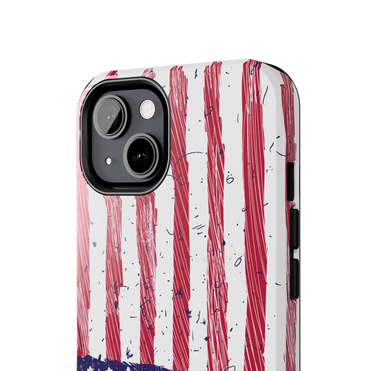 Close-up of the top camera area of an iPhone and Samsung phone case featuring an illustrated American flag design, highlighting precise cutouts for camera and buttons.