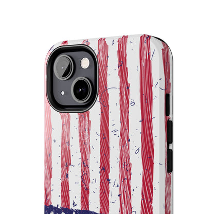Close-up of the top camera area of an iPhone and Samsung phone case featuring an illustrated American flag design, highlighting precise cutouts for camera and buttons.