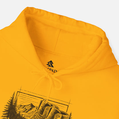 Close-up of Trek & Trail Hoodie collar in gold color displayed on a white background, showcasing the matching drawstring color, Kempain Family Outfitters logo on label, and trail illustration.