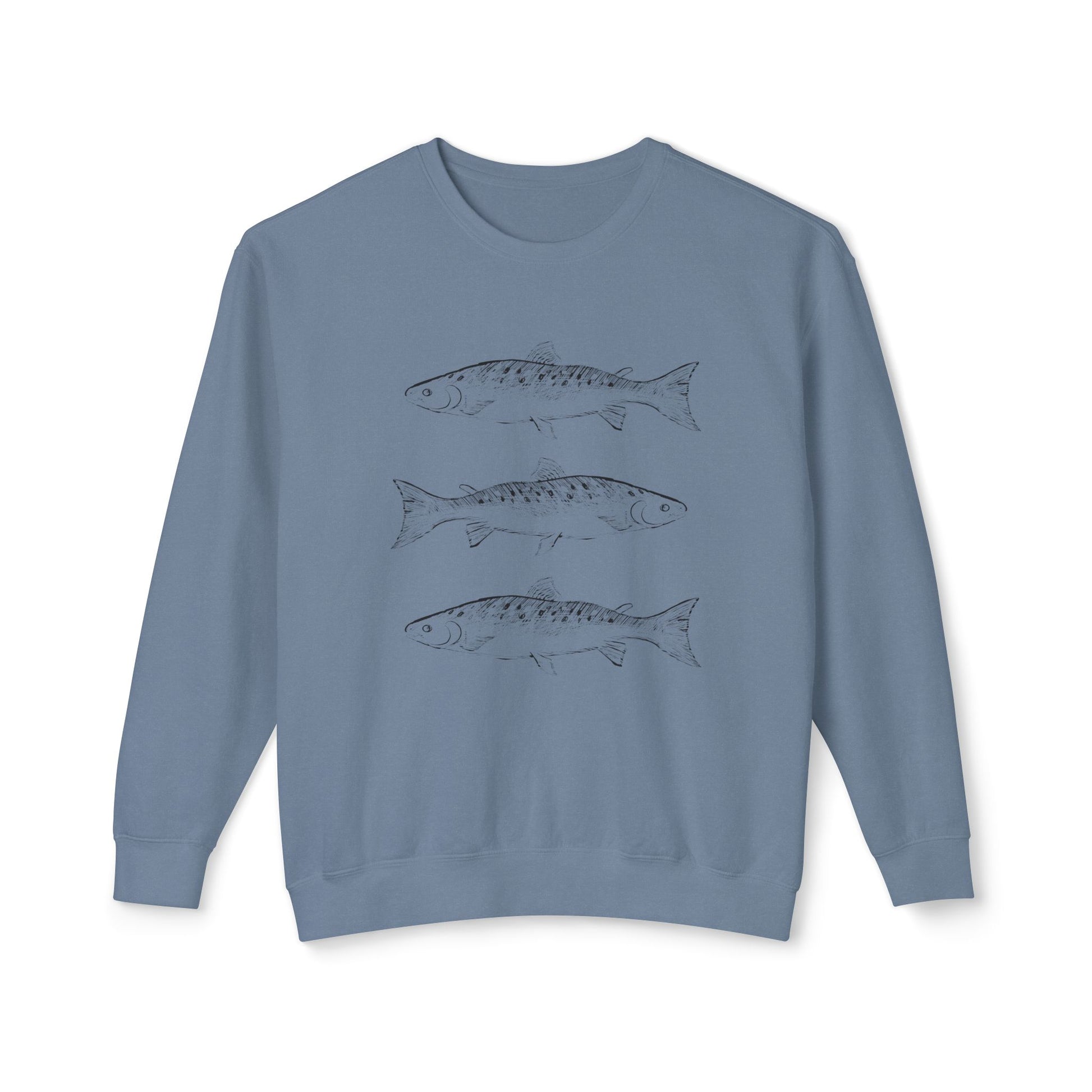 Front view of the Triple Fish Artist Crewneck in Blue Jean, featuring hand-drawn fish illustrations on a 100% ring-spun cotton, 6.4 oz field-weight sweatshirt by Kempain Family Outfitters.