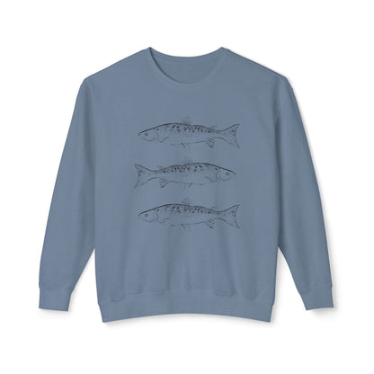 Front view of the Triple Fish Artist Crewneck in Blue Jean, featuring hand-drawn fish illustrations on a 100% ring-spun cotton, 6.4 oz field-weight sweatshirt by Kempain Family Outfitters.