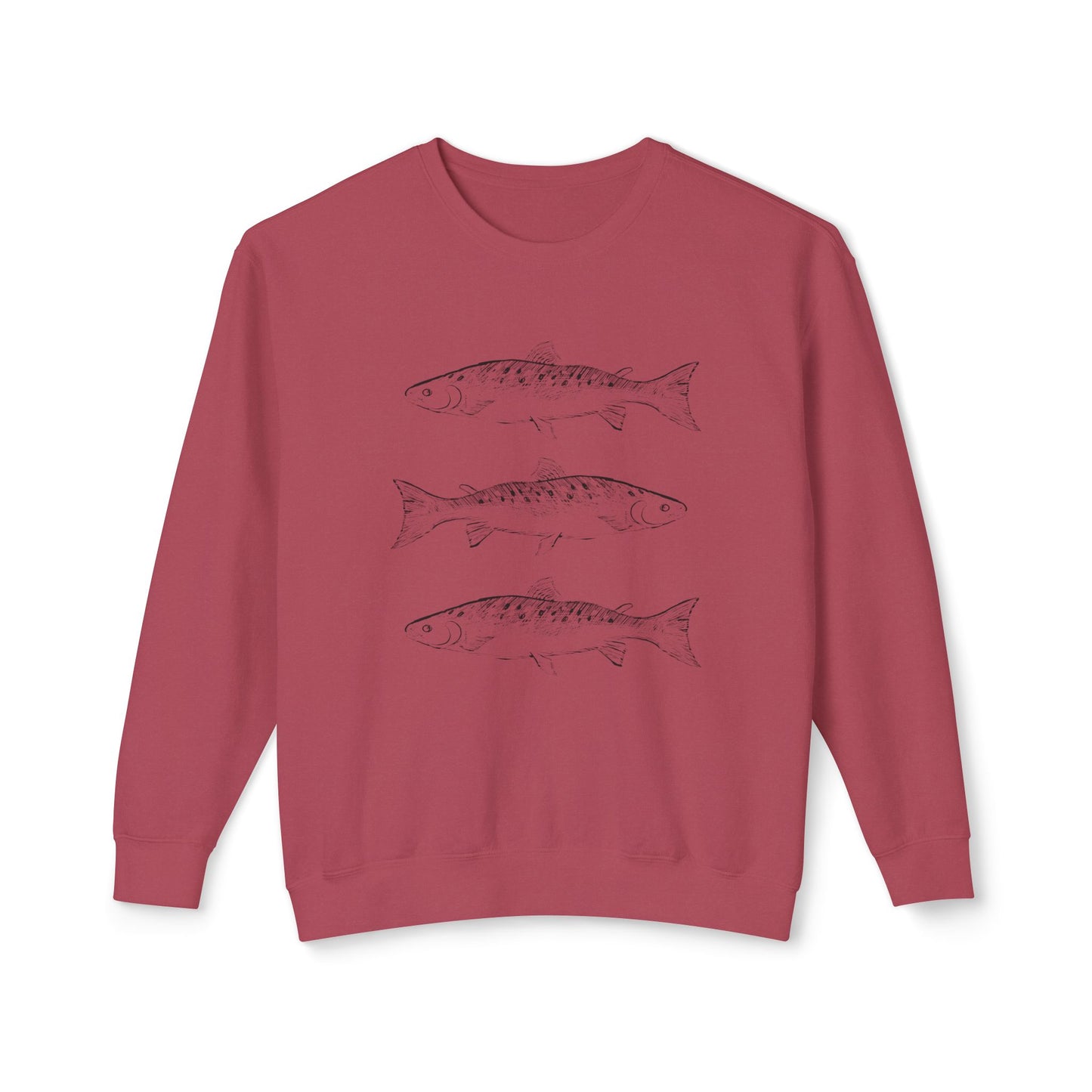 Front view of the Triple Fish Artist Crewneck in Crimson, featuring hand-drawn fish illustrations on a 100% ring-spun cotton, 6.4 oz field-weight sweatshirt by Kempain Family Outfitters.