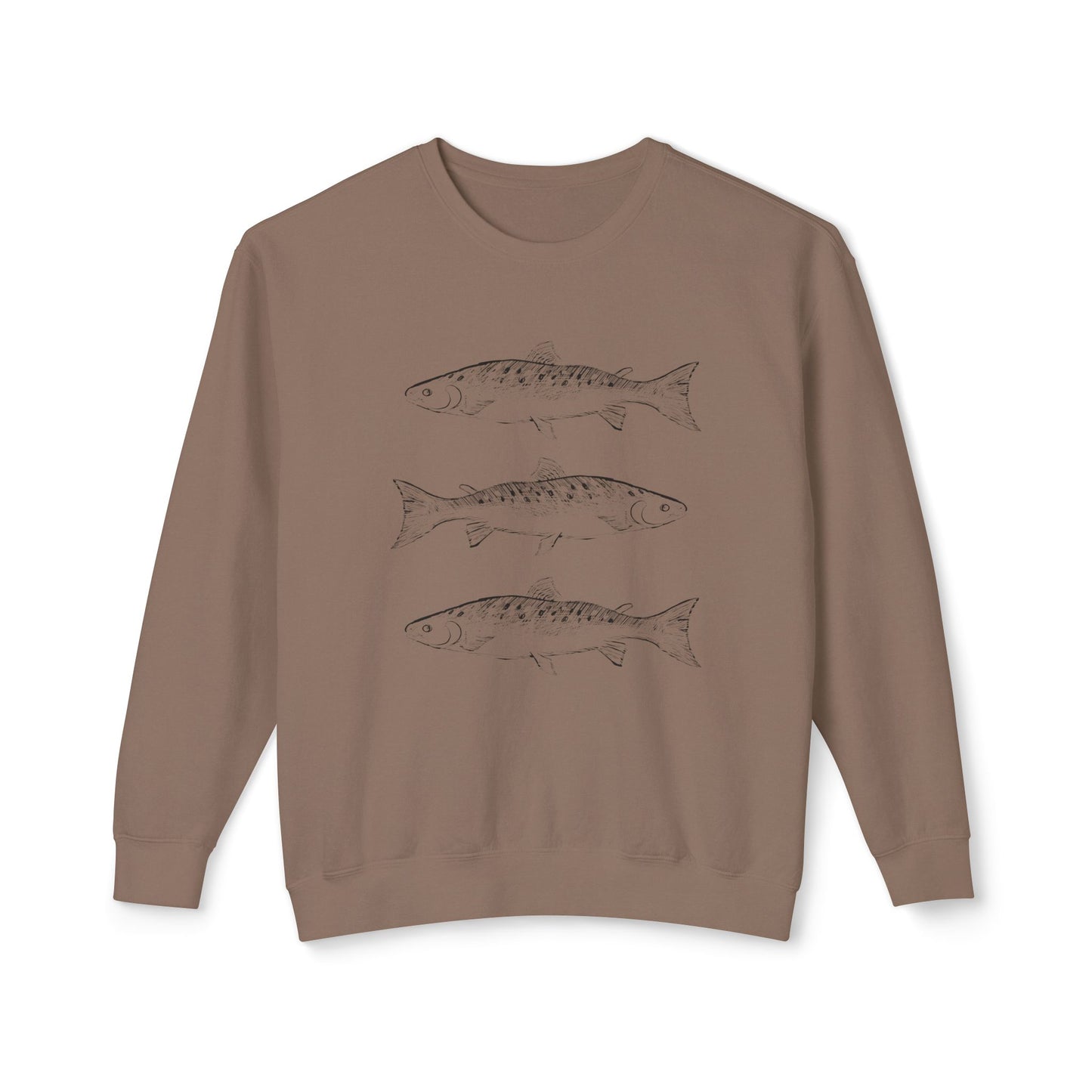 Front view of the Triple Fish Artist Crewneck in Espresso, featuring hand-drawn fish illustrations on a 100% ring-spun cotton, 6.4 oz field-weight sweatshirt by Kempain Family Outfitters.