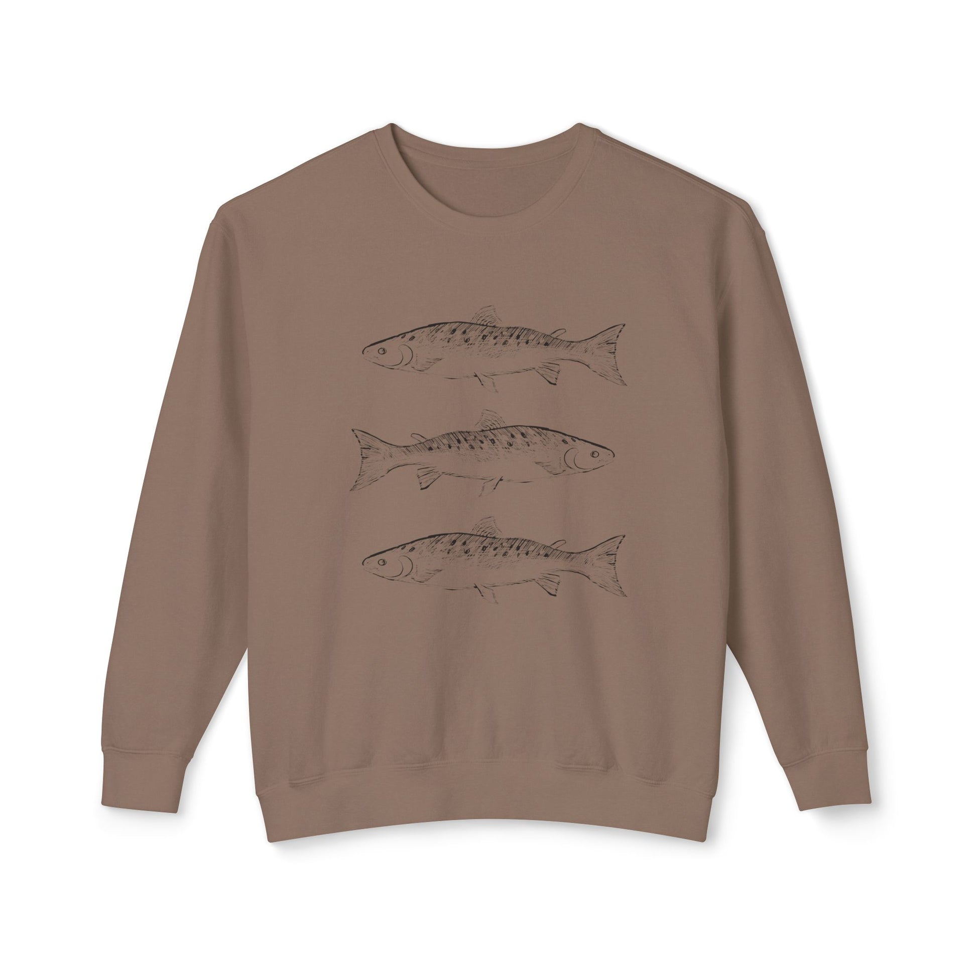 Front view of the Triple Fish Artist Crewneck in Espresso, featuring hand-drawn fish illustrations on a 100% ring-spun cotton, 6.4 oz field-weight sweatshirt by Kempain Family Outfitters.