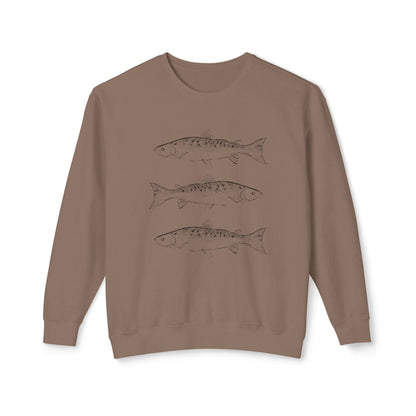 Front view of the Triple Fish Artist Crewneck in Espresso, featuring hand-drawn fish illustrations on a 100% ring-spun cotton, 6.4 oz field-weight sweatshirt by Kempain Family Outfitters.
