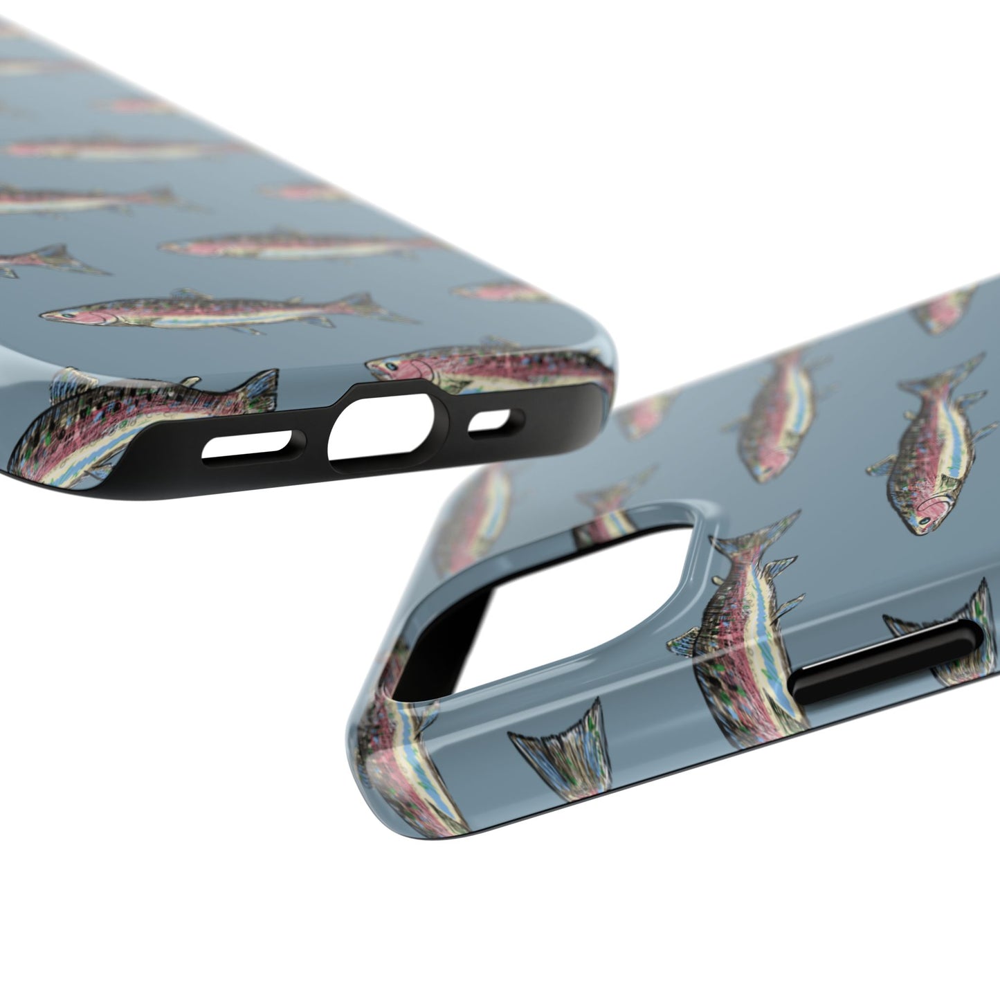 Illustrated rainbow trout durable phone case for anglers on white background.  Compatible with iPhone and Samsung Models. 