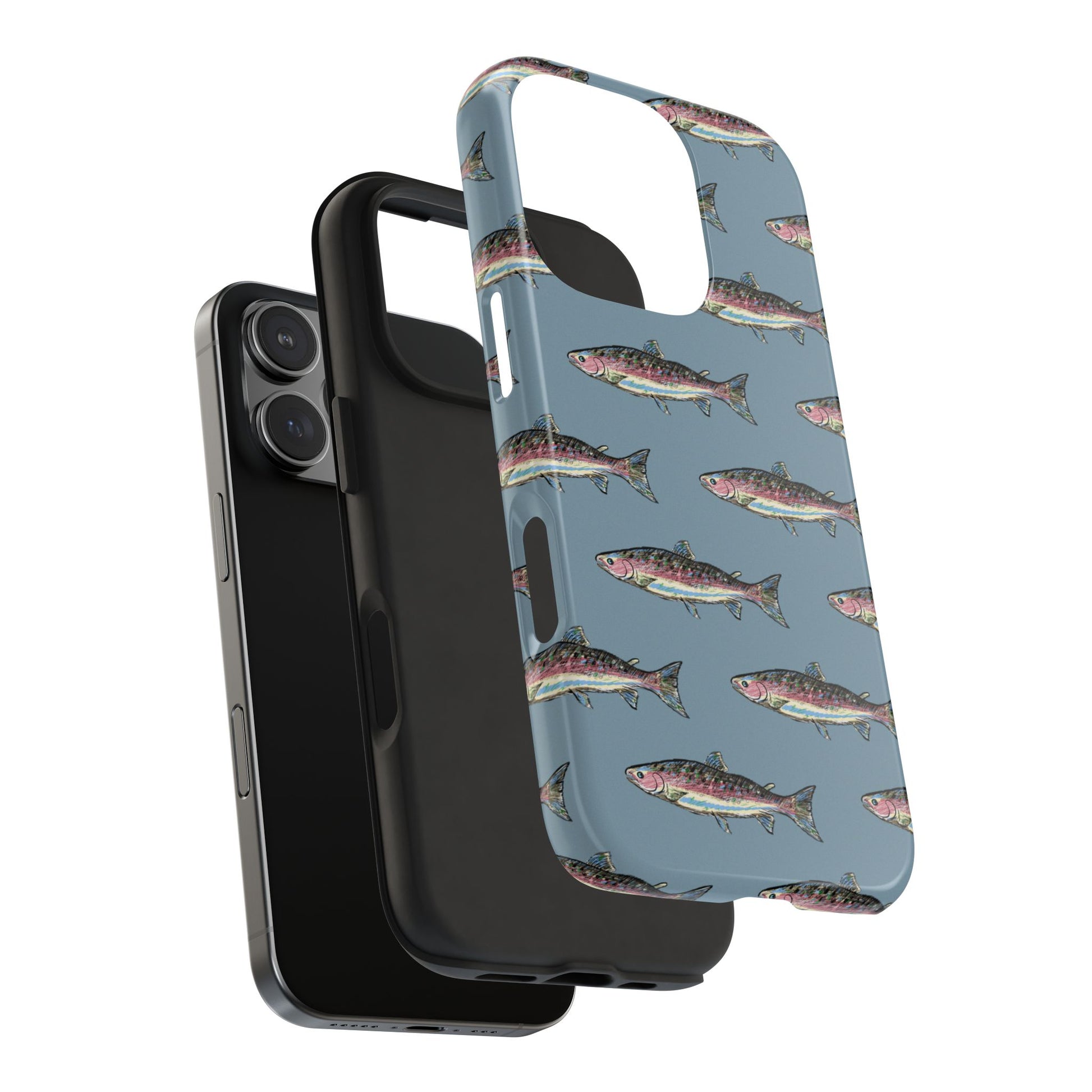 Illustrated rainbow trout durable phone case for anglers exploded view showing rubber liner and outer shell components for shock absorption.  Compatible with iPhone and Samsung Models.