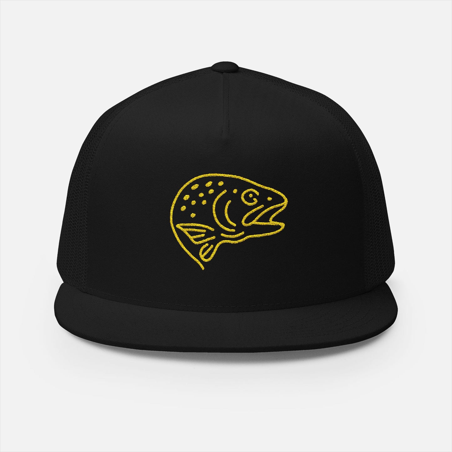 Front view of Trout Head Trucker Cap on white background, featuring bold embroidered trout head silhouette on structured black front panel with matching mesh sides and back.