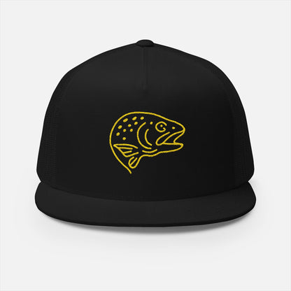 Front view of Trout Head Trucker Cap on white background, featuring bold embroidered trout head silhouette on structured black front panel with matching mesh sides and back.