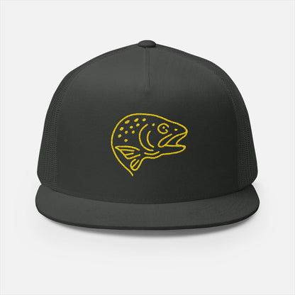 Front view of Trout Head Trucker Cap on white background, featuring bold embroidered trout head silhouette on structured charcoal front panel with matching mesh sides and back.