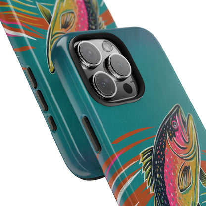 Close-up angle of the Trout Jumping Phone Case focusing on the detailed illustration and camera cutout—highlighting the rugged build and artistic fish design.