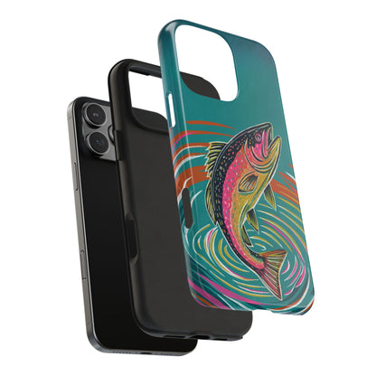 Exploded view of the Trout Jumping Phone Case showing the two-piece construction—shock-absorbing rubber liner and durable outer shell with detailed leaping trout illustration.