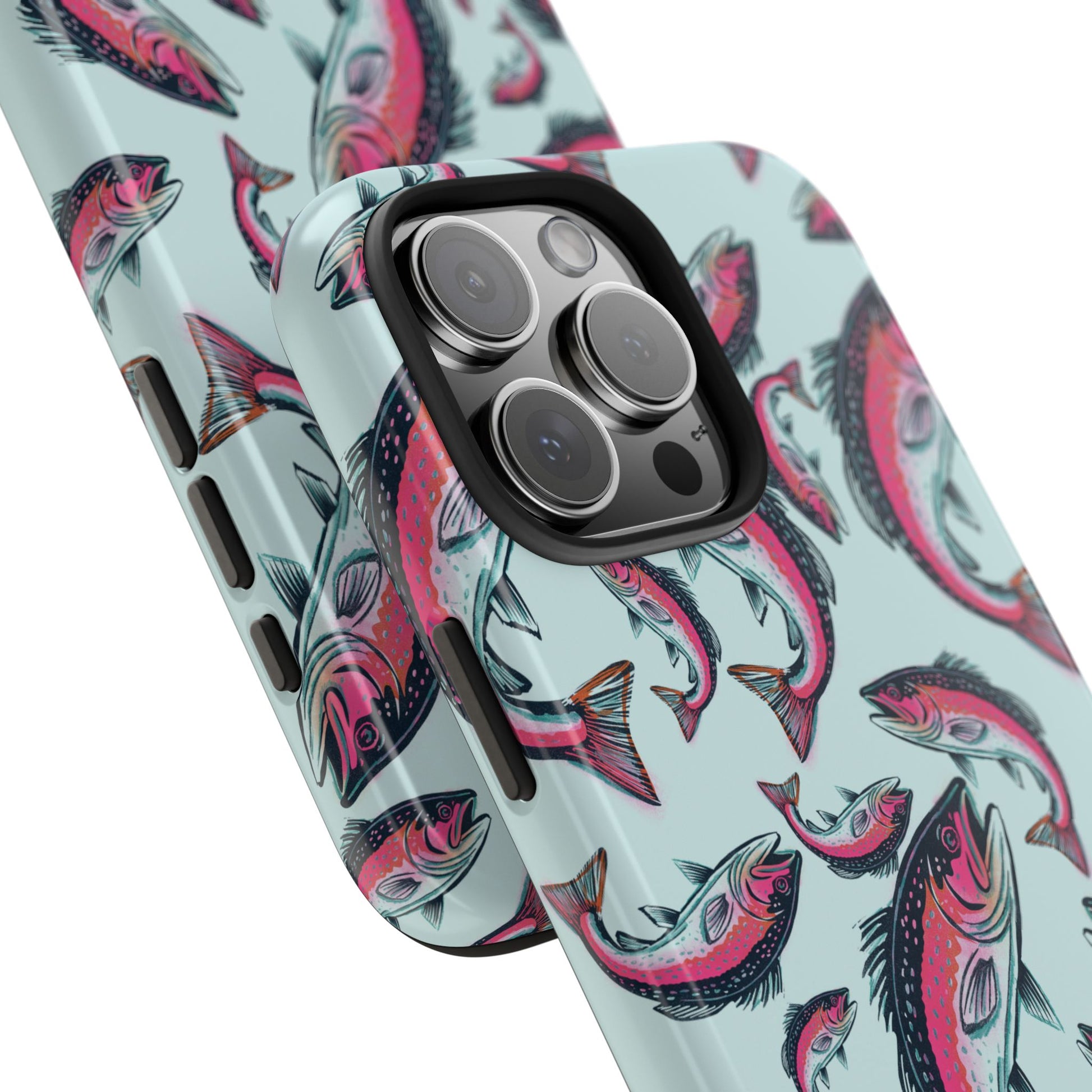 Close up of a colorful Rainbow Trout Pattern case showcasing an illustrated jumping trout by Jordan Kempain displayed on a white background.