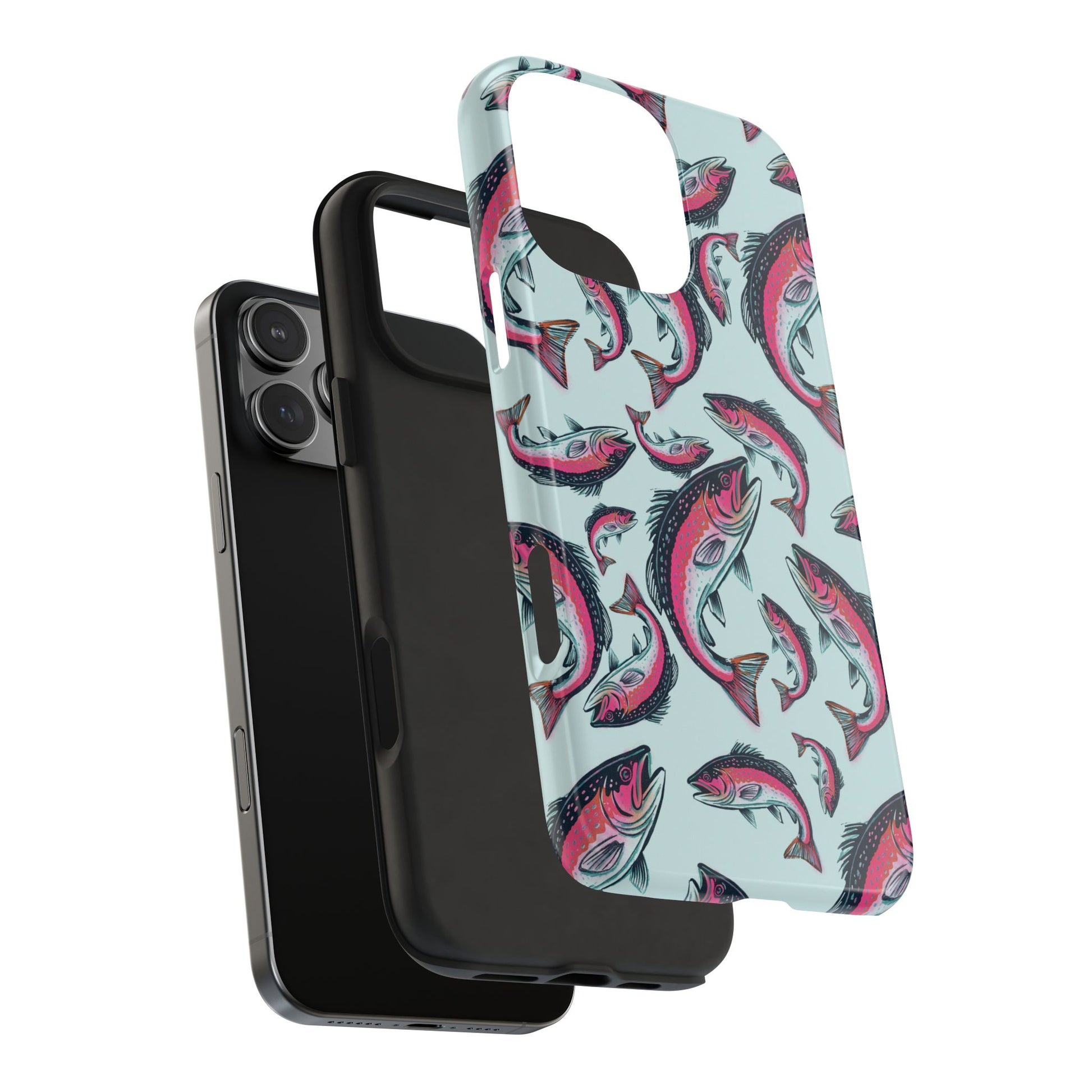 A colorful Rainbow Trout Pattern case showcasing an illustrated jumping trout by Jordan Kempain exploded material view on white background.