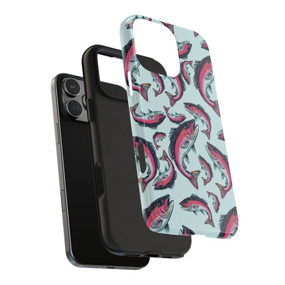 A colorful Rainbow Trout Pattern case showcasing an illustrated jumping trout by Jordan Kempain exploded material view on white background.