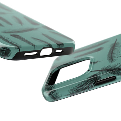 Turkey Feathers Phone angle front view on a white background, featuring a stylish feather pattern with durable protection for iPhone and Samsung models.