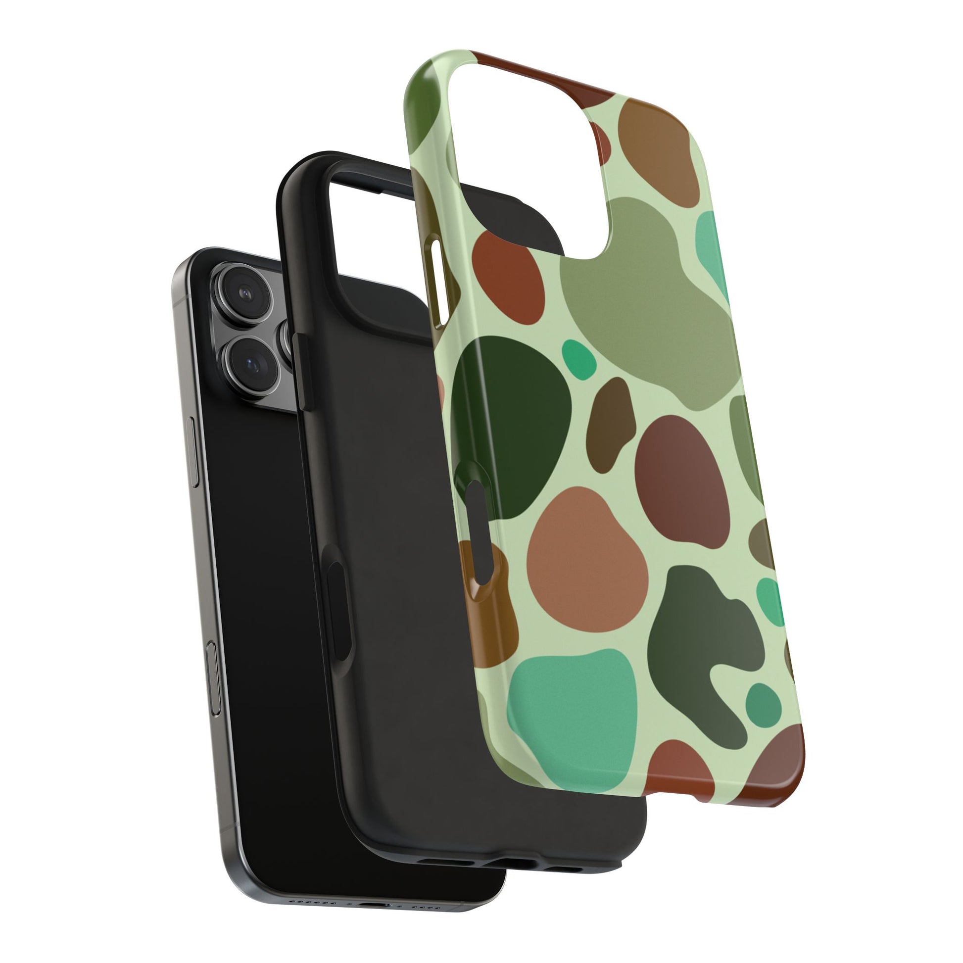 Phone case featuring a turtle shell camo pattern, designed for iPhone and Samsung models, perfect for nature lovers and outdoor enthusiasts.