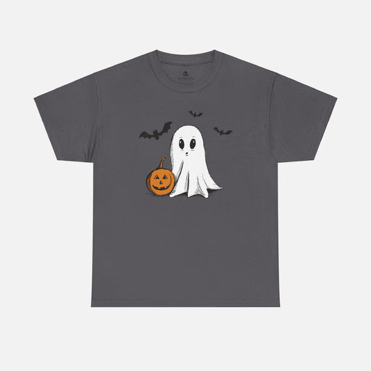 Unisex adult cotton shirt in a charcoal gray color, featuring a Halloween design with a ghost, bats, and pumpkin, ideal for spooky and stylish seasonal wear.
