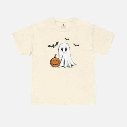 Unisex adult cotton shirt in a natural off-white color, featuring a Halloween design with a ghost, bats, and pumpkin, perfect for a subtle and festive seasonal look.