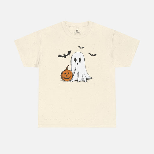Unisex adult cotton shirt in a natural off-white color, featuring a Halloween design with a ghost, bats, and pumpkin, perfect for a subtle and festive seasonal look.