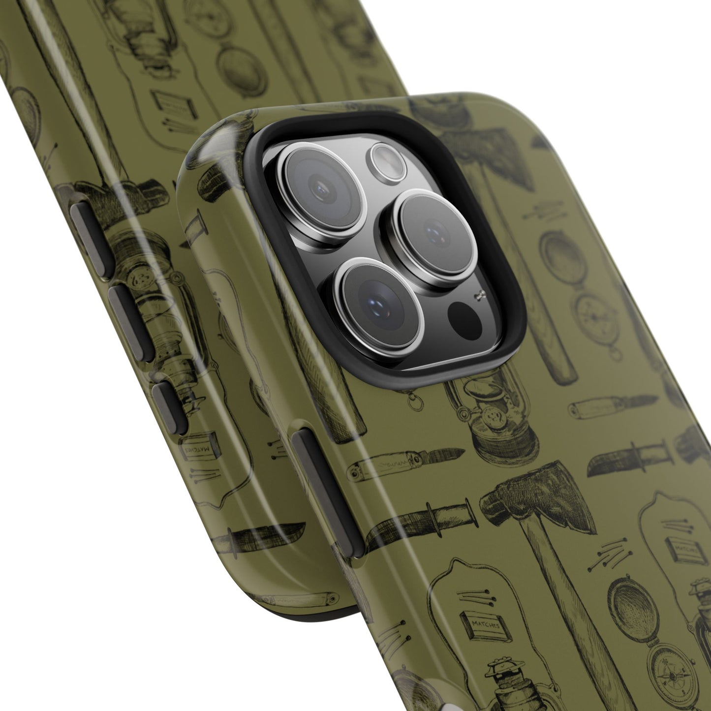 Vintage Survivalist iPhone 16 Pro Case side angle view on a white background, featuring a durable adventure-ready design for campers, hikers, and outdoor enthusiasts.