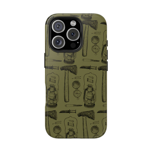 Vintage Survivalist iPhone 16 Case front view on a white background, featuring a durable adventure-ready design for campers, hikers, and outdoor enthusiasts.