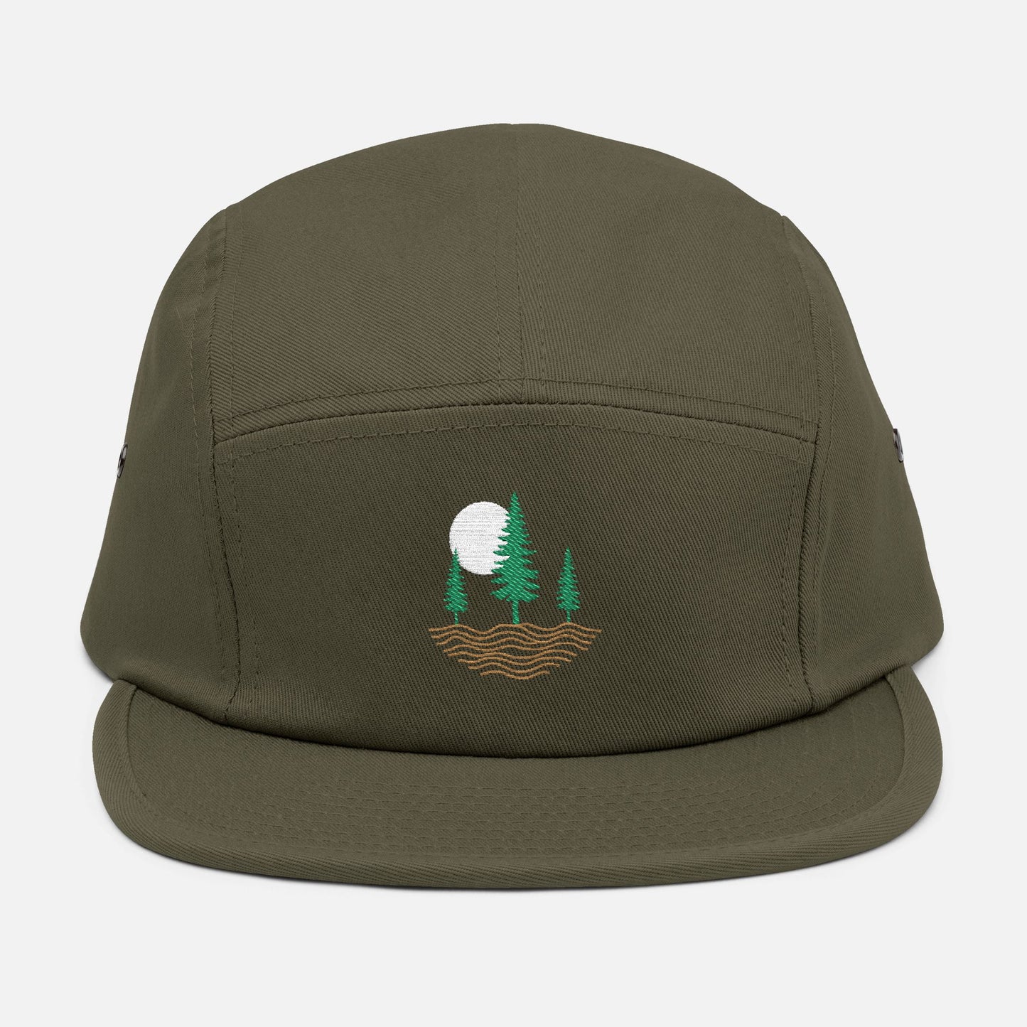 Front view of olive low-profile cap with embroidered design of three pine trees, a rising sun, and ripple lines symbolizing the earth.