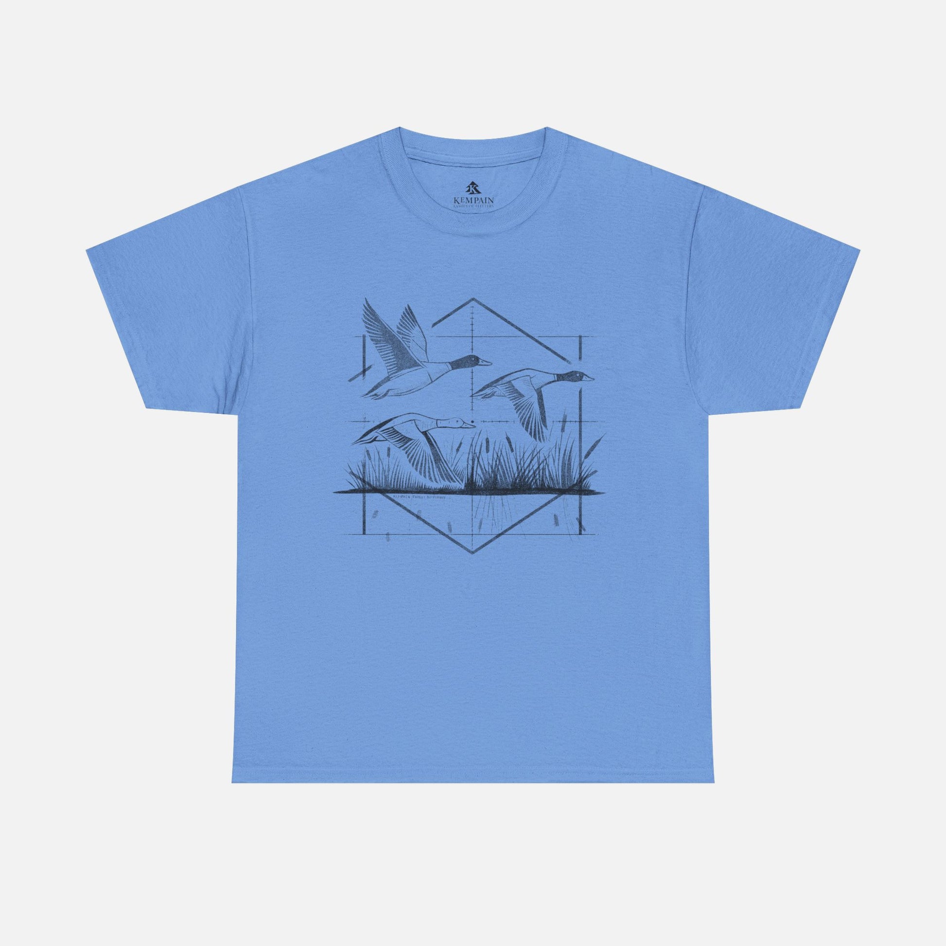 Waterfowl Hunter Ducks Tee in blue on a white background, showcasing a dynamic waterfowl hunting design with three flying ducks for outdoor adventurers.
