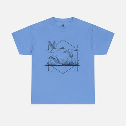 Waterfowl Hunter Ducks Tee in blue on a white background, showcasing a dynamic waterfowl hunting design with three flying ducks for outdoor adventurers.