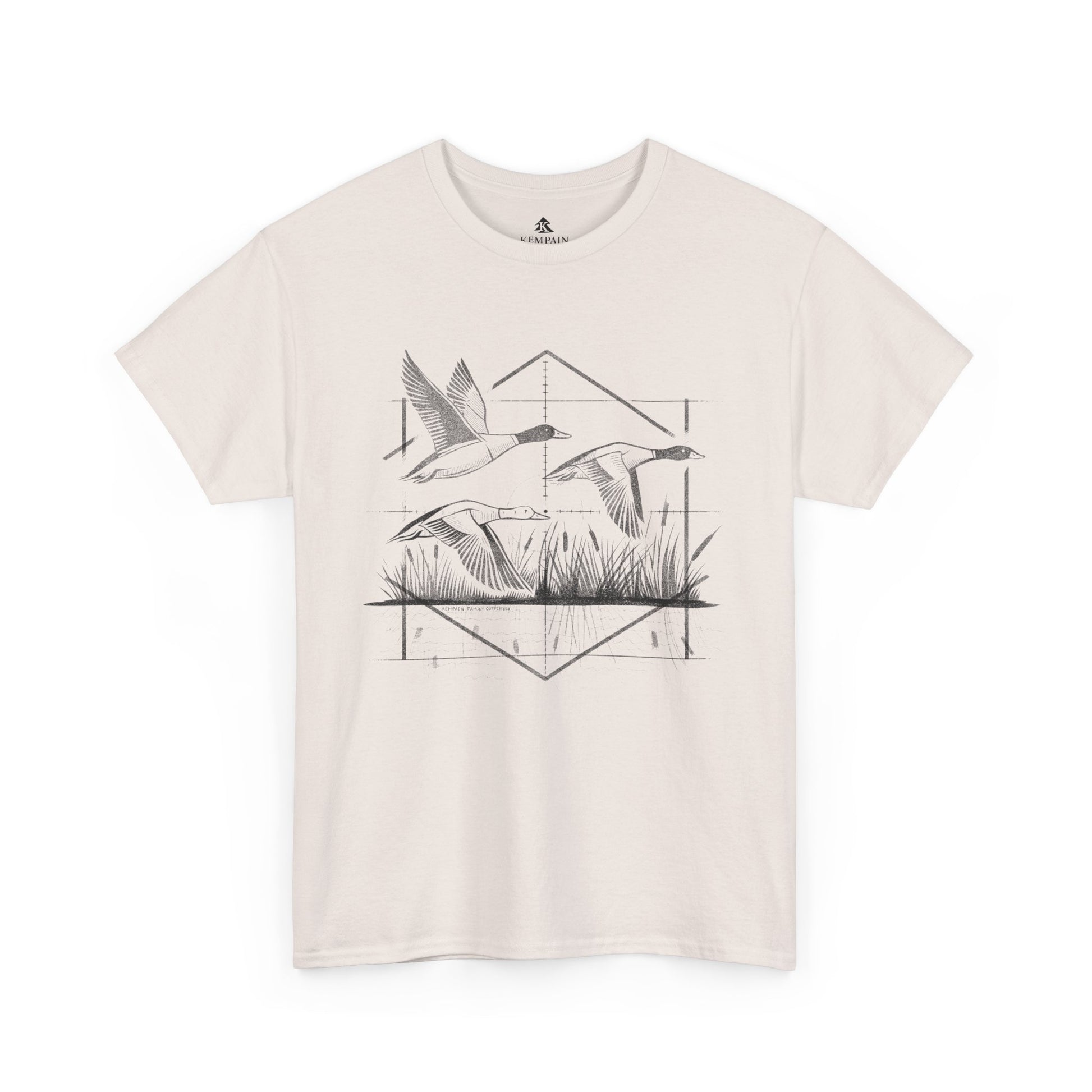 Waterfowl Hunter Ducks Tee in ice grey on a white background, showcasing a dynamic waterfowl hunting design with three flying ducks for outdoor adventurers.