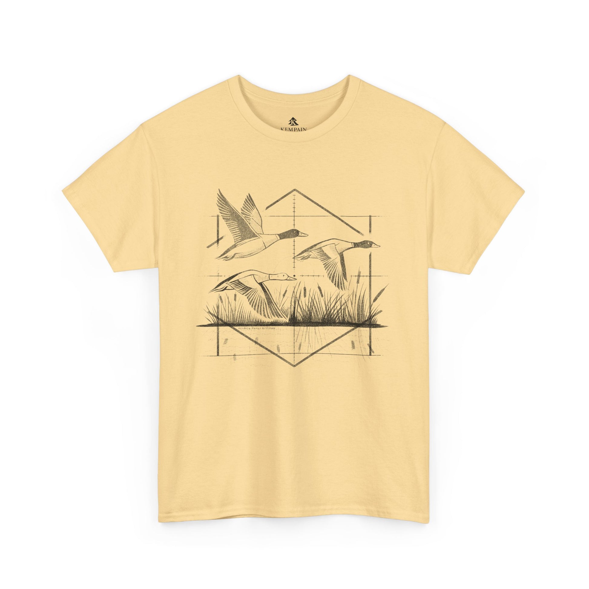 Waterfowl Hunter Ducks Tee in yellow on a white background, showcasing a dynamic waterfowl hunting design with three flying ducks for outdoor adventurers.