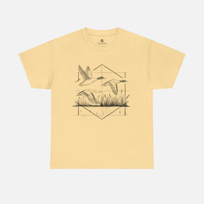 Waterfowl Hunter Ducks Tee in yellow on a white background, showcasing a dynamic waterfowl hunting design with three flying ducks for outdoor adventurers.