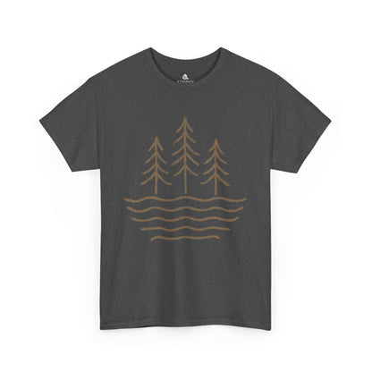 Flat lay of dark heather Waves & Timber Line T-shirt featuring a circular light brown line art design of flowing water and timberline trees. Nature-inspired unisex tee made from 100% sustainable cotton.