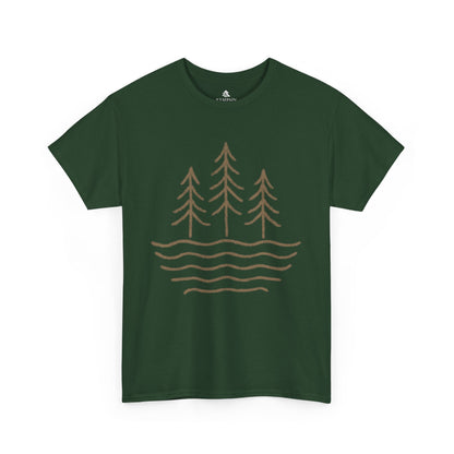 Flat lay of forest green Waves & Timber Line T-shirt featuring a circular light brown line art design of flowing water and timberline trees. Nature-inspired unisex tee made from 100% sustainable cotton.
