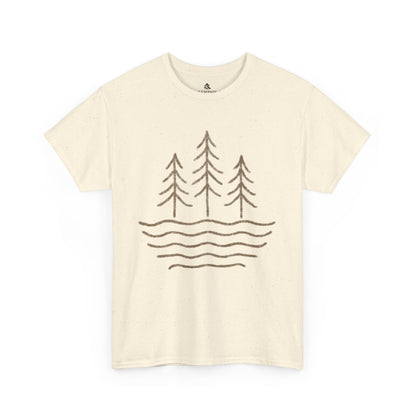 Flat lay of natural Waves & Timber Line T-shirt featuring a circular light brown line art design of flowing water and timberline trees. Nature-inspired unisex tee made from 100% sustainable cotton.