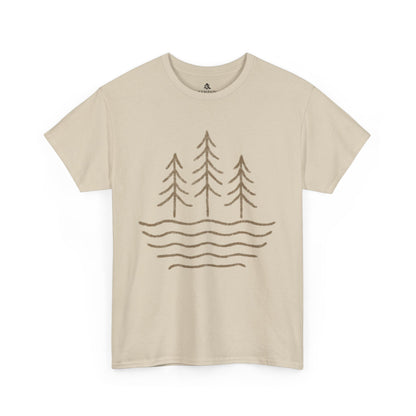 Flat lay of sand Waves & Timber Line T-shirt featuring a circular light brown line art design of flowing water and timberline trees. Nature-inspired unisex tee made from 100% sustainable cotton.