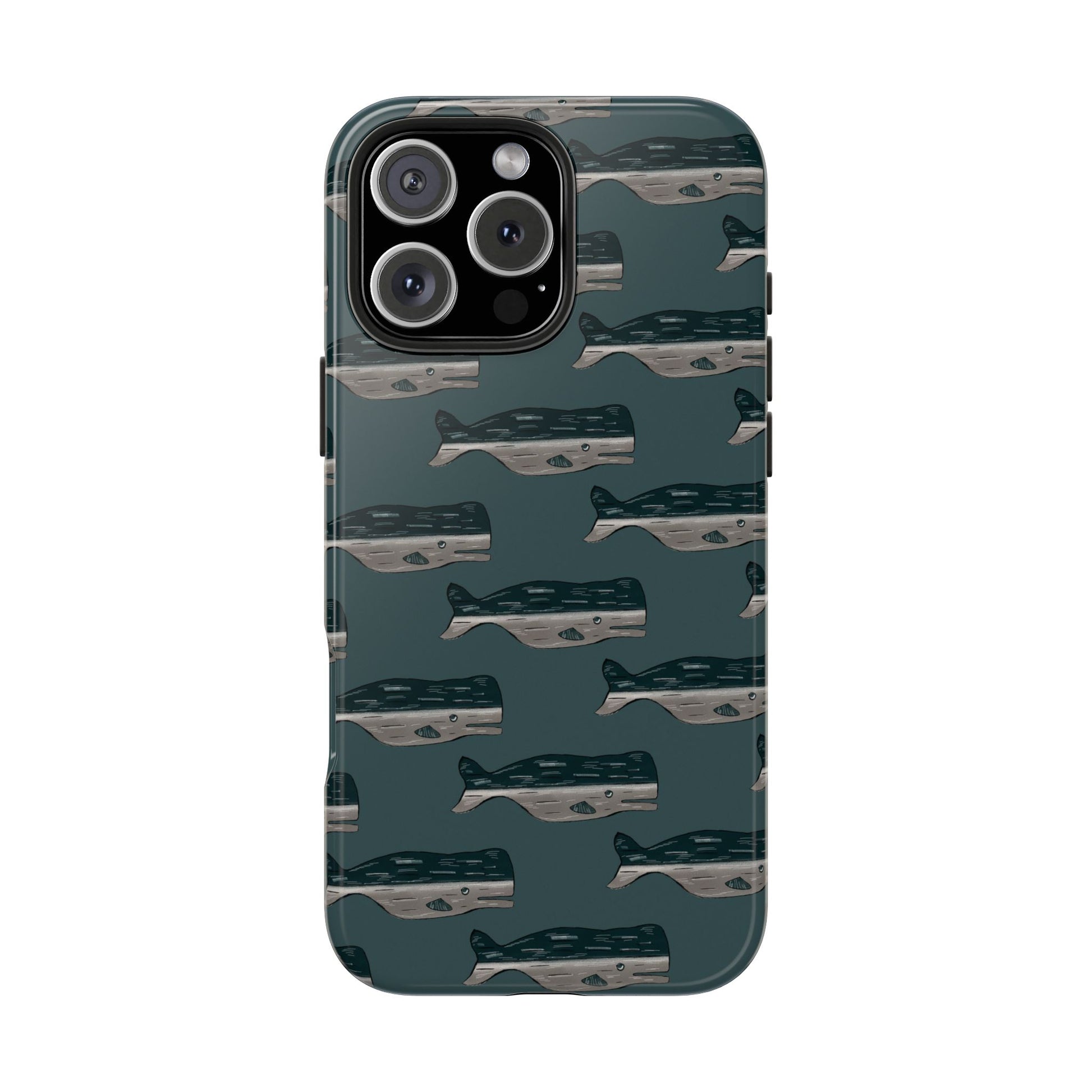 Front view of Whale Pattern Phone Case on white background, featuring a repeating illustrated whale design in a playful ocean theme